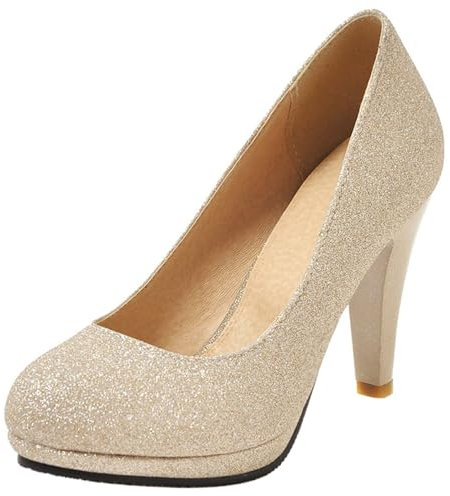 Pumps mit Damen Kegel Ferse mit Plateau Glitzer Höhe Ferse Schuhe Runde Zehen Ohne Verschluss Elegant Glitzer Schuhe, K738Tq Gold Gr 44 EU/46Cn
