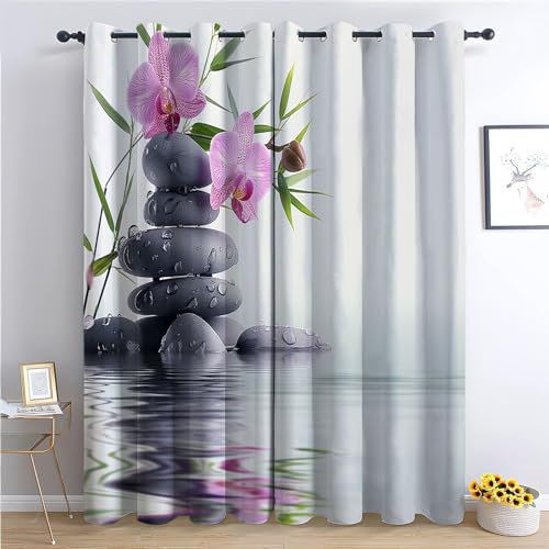 CozyRest Graue Steinpflanze mit Orchidee Muster Verdunkelungsvorhänge mit Ösen - 2er Set, 280 x 260 cm Blickdichte Thermo-Gardinen, Kälteschutz, Raumteiler, für Schlafzimmer und Fenster