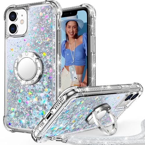 Unlicaku for iPhone 11 Case with Stand, Sparkle Glitter Case with Ring and Lanyard, Women Girls Luxury Cute Bling Diamond Protective Phone Cover for iPhone 11, Clear Silver