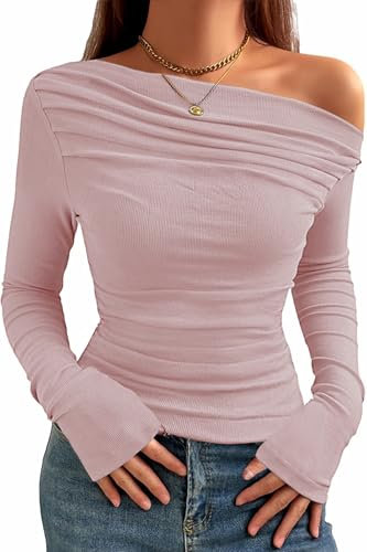 TrendiMax Camicetta Donna Maniche Lunghe Jersey con Scollo a Barchetta Maglietta Elegante e Aderente Rosa, S