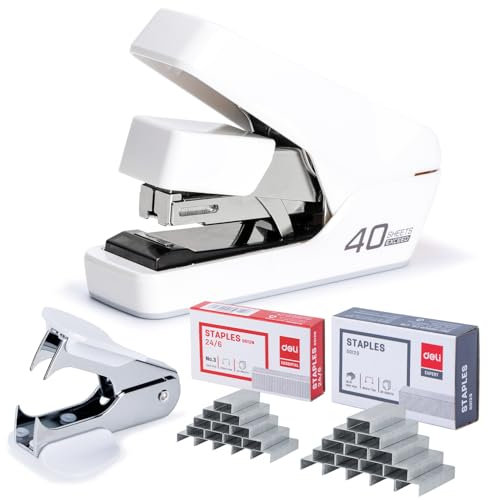 Effortless Desktop Stapler, Heavy Duty Stapler, 40-50 Sheet Capacity, One Finger, No Effort, includes Staples & Staple Remover, White