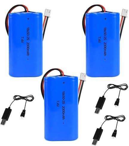 3 Stück 7,4 V 2000 mAh Li-Ion 18650 Akku Pack Ersatz Akku Pack mit XH2.54-2P USB-Ladekabel für RC Flugzeug DIY, Angellichter, Türklingel usw.