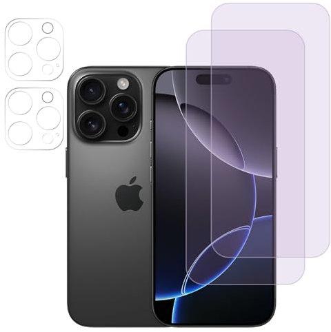 FiiMoo Anti Blue Light Screen Protector for iPhone 16 Pro, Camera Lens Protector, [2+2 Pack] [Eye Protect] [Screen Protector + Camera Lens Protector] [9H Hardness], Blocks Excessive Harmful Blue Light
