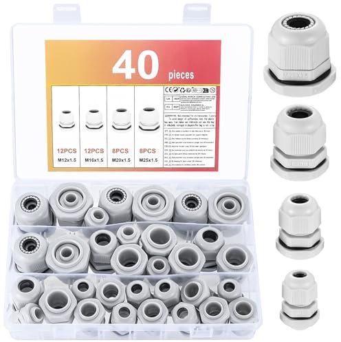 40 Pz Pressacavi Elettrici Impermeabili, Pressacavo M12 M16 M20 M25, Passacavo Elettrico Impermeabile IP68, Connettori Pressacavi di Plastica Regolabile per Cavi, con Controdado e Rondella
