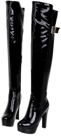 GBBRZKTB Tacchi Alti Stivali Sopra Ginocchio Donna Plateau Punta Tonda Cerniera Laterale Stivali Alti Fino Alla Coscia Scarpe Pole Dance 12cm,Black-40