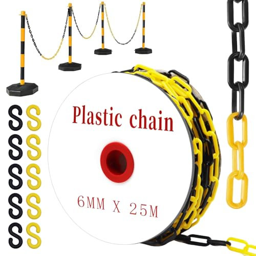 YUJUVI Absperrkette Kunststoffkette 25M Warnkette 6mm Plastikkette Kunststoff kette mit 10 Karabinern für Barrieren in Auffahrten zum Absperren von Flächen Gut Sichtbar (Gelb Schwarze, 25M)