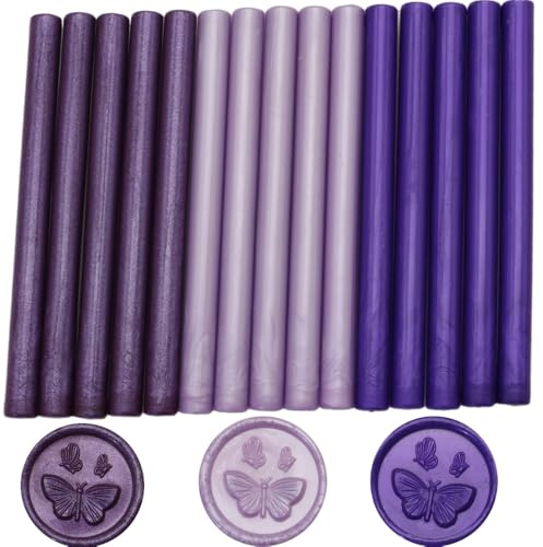 Wax Seal Sticks, Atopbb Purple 15 Pcs Glue Gun Wax SealingSticks for WaxSeal Stamp, 3 Colors SealingWaxSticks Set for 0.28'' Glue Gun WaxSealing, Wedding Invitations, Letter Envelopes (15, Purple)
