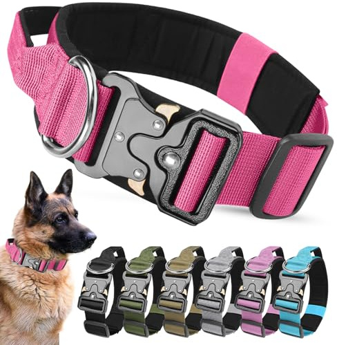 AKOFIC Collier Tactique Chien avec Poignée de Commande, Colliers pour Chiens Large Réglable en Nylon Rembourré pour Chiens de Taille Moyenne Grand Entraînement.(Rose Rouge, L)