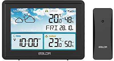 BALDR Wetterstation Innen und Außentemperatur Funk mit Wettervorhersage – Thermometer Innen und Außentemperatur Funk mit Wettervorhersage - Hygrometer Feuchtigkeit Digital mit Außensensor - Schwarz
