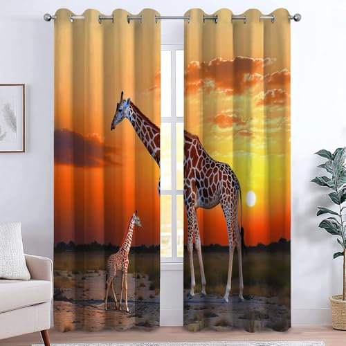 CozyRest Gardinen Graslandlandschaft, Schiebevorhänge Tier Giraffe Mit Cub Thermovorhang Blickdicht Vorhang Verdunkelungsvorhänge mit Ösen für Schlafzimmer Wohnzimmer Kindergarten, 215 x 220 cm