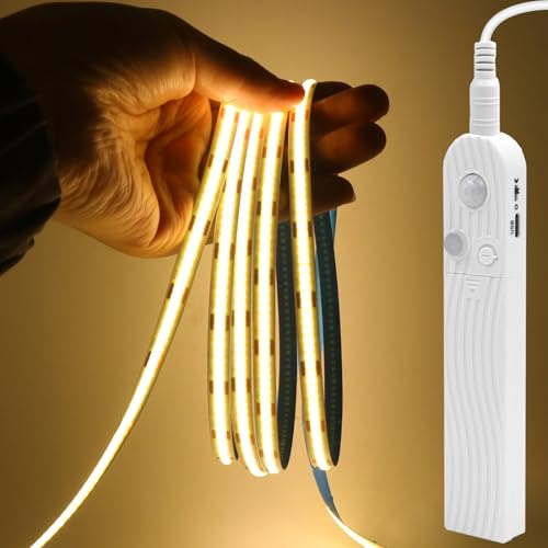 GQL Motion Sensor COB LED Strip Lights - PIR 5V Battery or USB Powered, Self-Adhesive for Closet Wardrobes Cabinets Stairs (Warm White, 5m)