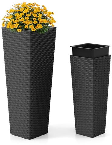 COSTWAY 2 Vasi Alti per Piante da Interno ed Esterno, Grandi Fioriere in Rattan con Vassoi Interni Rimovibili, Fori di Drenaggio, Fioriere Decorative per Giardino, Cortile e Balcone (Nero)
