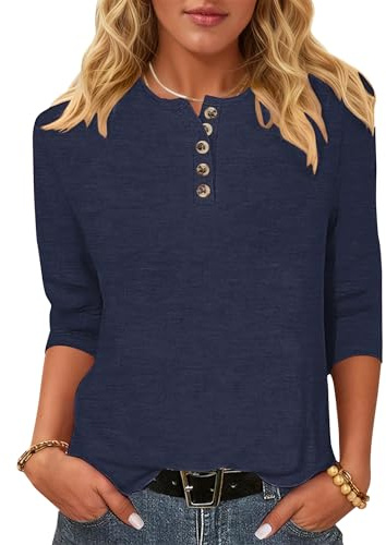 WNEEDU 3/4 Sleeve Tops for Women UK - Henley Shirts Lightweight Blouse | Button Up,Ladies Crew Neck T-shirt,Basic Casual Tunic,Elegant Tees,Loose Fit,Autumn and Spring,Light Soft Fabric