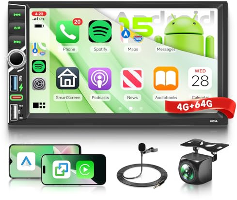 Hodozzy 4G+64G Autoradio Android 2 Din mit Carplay Wireless Android Auto, 7 Zoll IPS Touchscreen Autoradio 2Din mit Navi WLAN DSP Bluetooth Mirror Link SWC Radio FM/RDS, USB/Type-C+ Rückfahrkamera