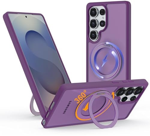 Hülle für Samsung Galaxy S24 Ultra mit 360° Magnetischem Ständer, für MagSafe Kompatible Handyhülle mit Ring, Schlankes Case mit Matter Rückseite, Robust & Stabil für Video und Büro, Violett