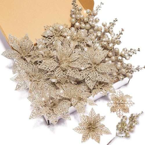 Poinsettia Artificial Flowers Set, 22 Pcs Christmas Flowers for Tree with 16 Poinsettia & 6 Berries Picks, Xmas Tree Flower Decorations for Festive Home Decor Chamagne
