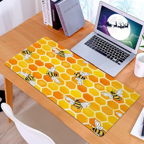 KDWJS Gaming Mauspad XXL 90x40cm Mousepad Groß Vernähte Kanten Anti-Rutsch für PC,nahtloses Muster mit Waben. süßer Aquarelldruck mit gelben Waben und,Laptop Verbessert Präzision und Geschwindigkeit