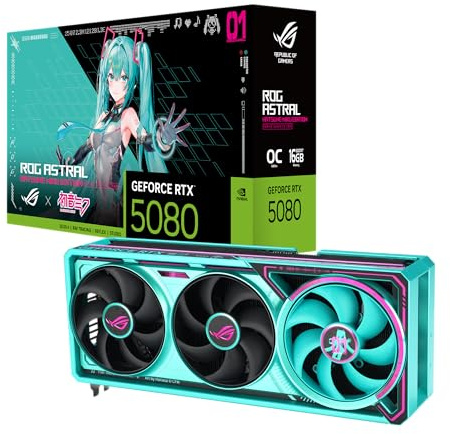 ASUS ROG Astral GeForce RTX 5080 16GB GDDR7 OC Hatsune Miku Edition (PCIe 5.0, 16GB GDDR7, HDMI/DP 2.1, 3.8-slot, design a 4 ventole, ventole Axial-tech, camera vapore brevettata, pad termico GPU a