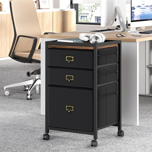 3 Drawer Filing Cabinet, Mobile Under Desk Storage Drawers with Wheels, Small Office Drawers Organizer for Storage Document Storage for Home Office, Black, 26.3 x 15.7 x 15.7IN