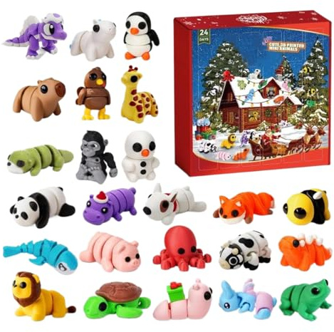 3D-Gedruckter Tiere Adventskalender 2025, 24 Tage Weihnachts Countdown Kalender Ornament Mit 24 3D-gedruckten Gelenkfiguren Spielzeug Für Junge, Mädchen