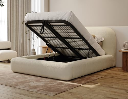 Furnishion Bliss Teddy Boucle Ottoman Bed Double 4ft6, Teddy Boucle Gas Lift Double Beds Frame with Storage, Luxury Frame with Headboard, Space Saving Ottoman Bed for Stylish Bedrooms in Ivory Boucle