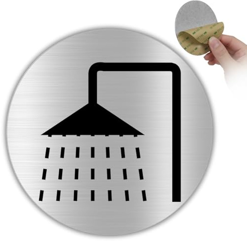 LEIASA | Schild Dusche Hinweis - Ø 10 cm - Aluminium - Nasszelle Duschraum | Aufkleber Dusche Symbol, Türschild Duschen Piktogramm, Plakette Duschkabine Nassbereich, Warnschild Wasserbereich Nass