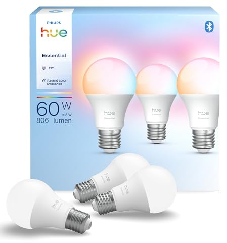 Philips Hue Essential smart Lampe, Weiß und Farbambiance, E27, 806 lm, 3er-Pack – Sprachsteuerung, Einstellbare Farbe, Kompatibel mit Hue