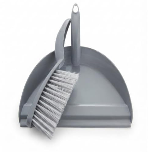 Dustpan & Brush Set Durable Bristles Easy to Sweep Grey Colour Dustpan , Grey Rubber Lip, Dense Bristles, Ergonomic Handle Big Pan, Nesting Storage (Pack of 1)