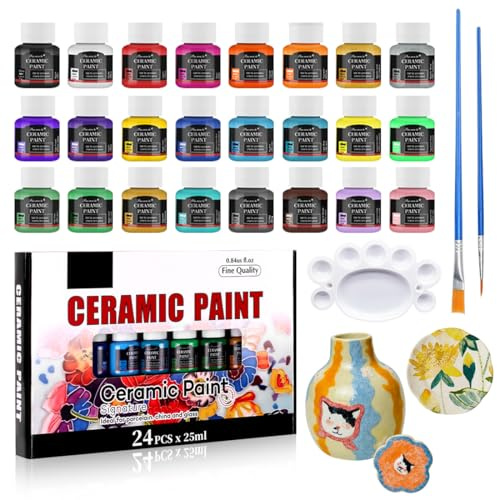 Tutamaz Porzellanfarbe Set, 24 Stück 25ml Keramikfarben zum Einbrennen, Keramik Bemalen Set mit 1 Malpalette & 2 Malpinsel, Porzellanfarbe Spülmaschinenfest, Ideal zum Tassen Bemalen Keramik Glas