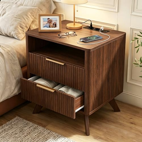 Hawthyhome Walnuss Nachttisch mit Ladestation 2 AC, USB, Type-C, Nachtschrank mit 2 Schubladen, Moderner Beistelltisch für Schlafzimmer, 46x46x61 cm