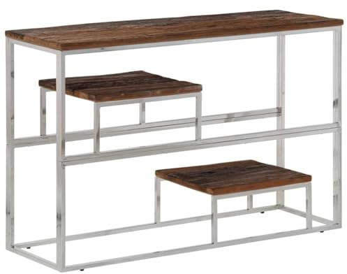Konsolentisch Silbern aus Edelstahl und Massivholz 110x35x70 cm Flurtisch mit Ablage, Beistelltisch, Wandtisch, Kommode, platzsparend für Diele Wohnzimmer Schlafzimmer