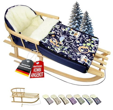 BAMBINIWELT Kombi-Angebot Holz-Schlitten mit Rückenlehne & Zugseil + universaler Winterfußsack (108cm), auch geeignet für Babyschale, Kinderwagen, Buggy, aus Wolle im Eulendesign