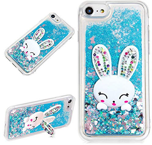 LCHDA iPhone 5 5S SE Liquid Glitter Case Blue With Bunny Ear Sparkle Quicksand Floating Luxury Bling Cute 3D Cartoon Rabbit Kickstand Crystal Silicone Cover Bumper For Girls Women