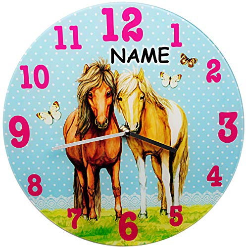 alles-meine.de GmbH Wanduhr - Pferde - Pferdepärchen/Fohlen - inkl. Name - 30 cm groß - sehr leise ! - Uhr - Analog - edles Glas - Wohnzimmer & Kinderzimmer - schleichende Seku..