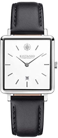 Kistanio Carré Damenuhr mit Lederband Datum Edelstahl Saphirglas SI-WH-L-BLK