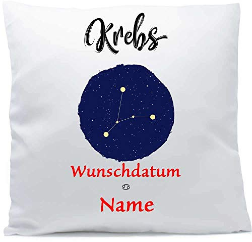 SL-Store GbR Kissen mit Namen Sternzeichen Krebs Datum 40x40 cm inkl. Füllung Kuschelkissen Wunschtext, Kissen Farbe:Vorderseite weiß/RS rot