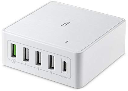 aiino Cargador de Escritorio para MacBook, MacBook Air, iPad PRO 2018 y 4 Puertos para iPhone Tipo-C PD y QC 3.0 y 3 USB, Cargador 5 Puertos, 60W, EU Plug, Blanco