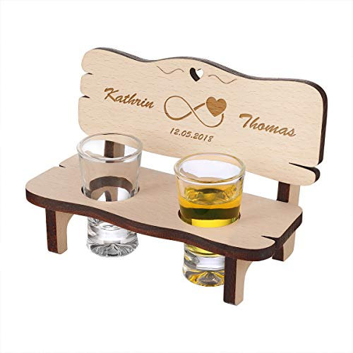 Banc en bois personnalisé avec 2 verres à liqueur - Cadeau pour mariages et couples - Banc à liqueur - Idée cadeau en bois