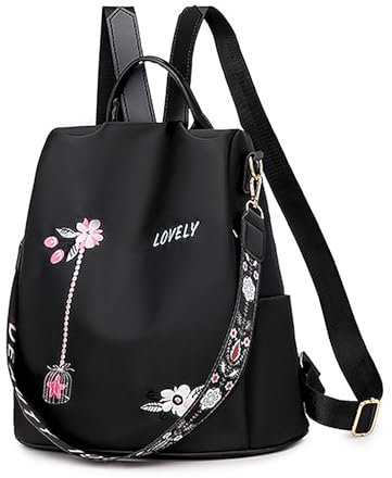 Rucksack Damen Wasserdichte Anti Diebstahl Schulrucksack Umhängetasche, Mode Cityrucksack Tagesrucksack für Schule Reisen Arbeit Einkauf (Blume Schwarz)