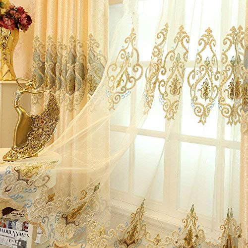 2er-Set Luxus Tüllvorhänge, Europäische Gold, Wohnzimmer (260x140cm, Durchsichtig, Modern, Blatt|Geblümt, Ösen, Maschinenwäsche)