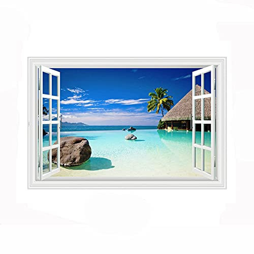 Lichi Adhesivo mural 3D para ventana falsa de paisaje de playa con vista de árbol de coco - cabaña con techo de paja
