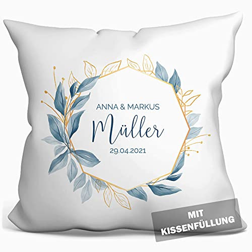 personalisierbares Kissen zur Hochzeit, Hochzeitskissen Auto Hochzeits-Geschenk Standesamt Kirchlich Freie Trauung, Kissenhülle mit Füllung, Kissen mit Namen und Datum weiß 40cm x 40cm (Blau)