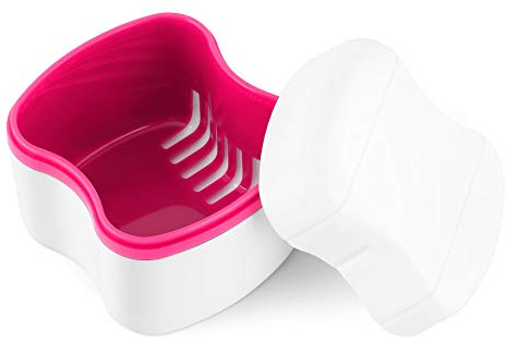 Annhua Denture Box Plastic Retainer Case with Draining Basket, Large Denture Bath for Soaking and Cleaning Dentures, Portable Retainer Box for Outdoor and Travelling - Pink