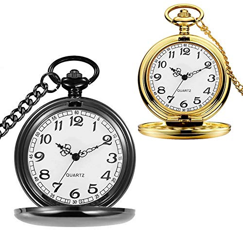 alladaga Set of 2 Classic Pocket Watch with Chain for Men and Women (Black Gold)
