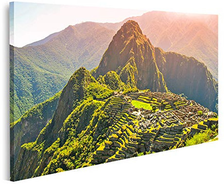 Bild auf Leinwand Antike Inka-Stadt Machu Picchu beleuchtet von der Sonne Ruinen der verlorenen Stadt Inka im peruanischen Dschungel Drucke Kunst Poster Wandbild