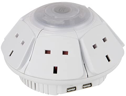 SLx Extension Lead with USB Slots, 1m, Multi USB Plug, Surge Protected, 6 x UK Plug Sockets, 2 x USB Sockets, Phone & Tablet Charging Home Office Accessories (White)