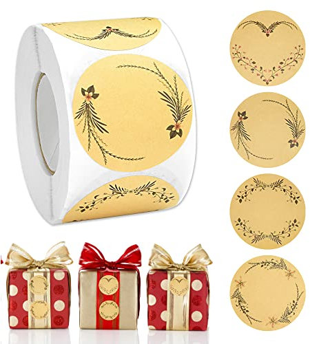 DIKEBAO 500 Stück Etiketten Selbstklebend Aufkleber Rund Geschenkaufkleber 5cm Klebeetiketten zum Beschriften kraftpapier Marmeladen Etiketten 4 Muster Aufkleber für Geschenktüten Hochzeit Küche Glas