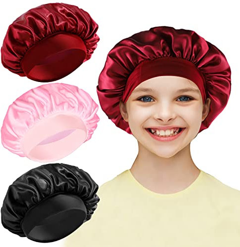 3 Pieces Kids Silk Bonnet, Children Satin Bonnet Hair Bonnets Elastic Wide Band Night Sleep Bonnet Soft Satin Sleep Caps Hair Caps for Kids Girls Sleeping Hair Care