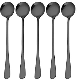 Edelstahllöffel, Küchen-Servierlöffel, Suppenlöffel, spiegelnde Löffel, Kaffeelöffel, Dessertlöffel, Eislöffel für Suppen, Reis, Tee, Milch, Kaffee, Dessert (5 Stück, schwarz)