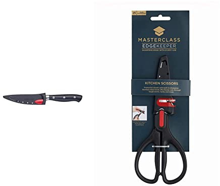 MASTERCLASS MCEKTRPAR Paring Knife with EdgeKeeper Knife Sharpener Sheath, Stainless Steel, 9 cm, Black EdgeKeeper Kitchen Scissors with Sharpener Sheath, Stainless Steel, 22 x 9 cm
